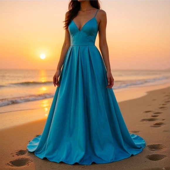 Evening Gown – Blondie Nites – Teal – Satin Ball Gown Lace‑Up Back w/ Pockets 3 - Picture 1 of 16